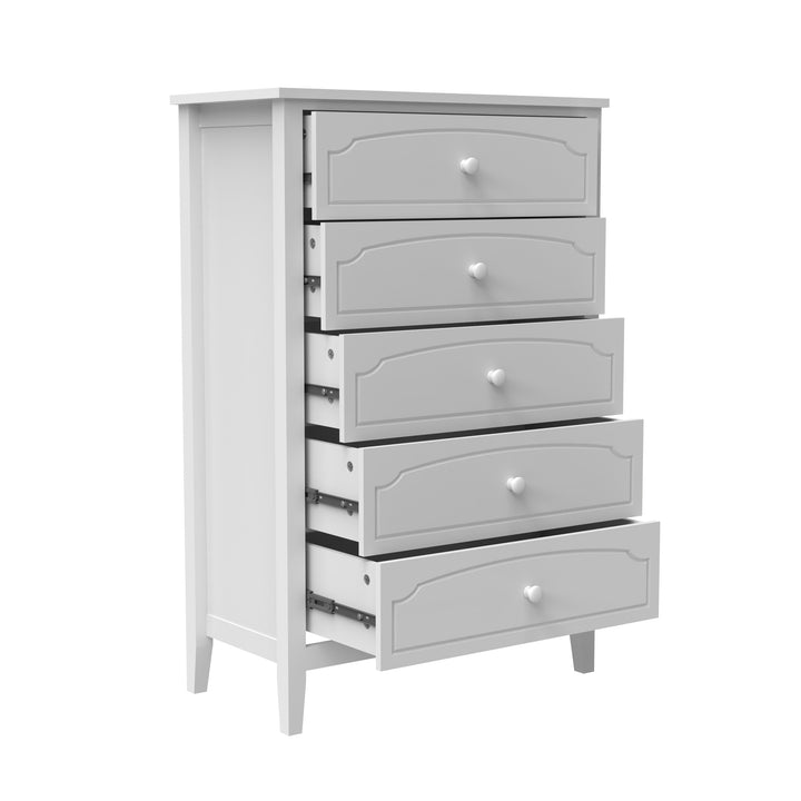 White Contemporary Roman Style, Solid Wood 5 Drawers Chest Bedroom Furniture, Drawer Storage, Tall Chest, Dresser 5 Drawers For Living Room, Entryway. Paint Sprayed Finishing