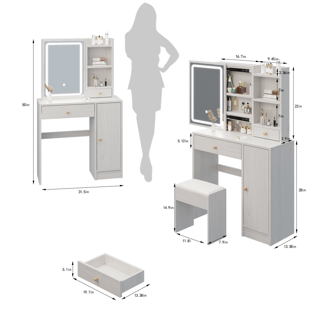 Right Cabinet Desktop Vanity Table + Cushioned Stool, With 2 AC Power + 2 USB Socket, Extra Large Sliding LED Mirror, Tri-color, Brightness Adjustable, Large Desktop, High Capacity Multi-layer Storage