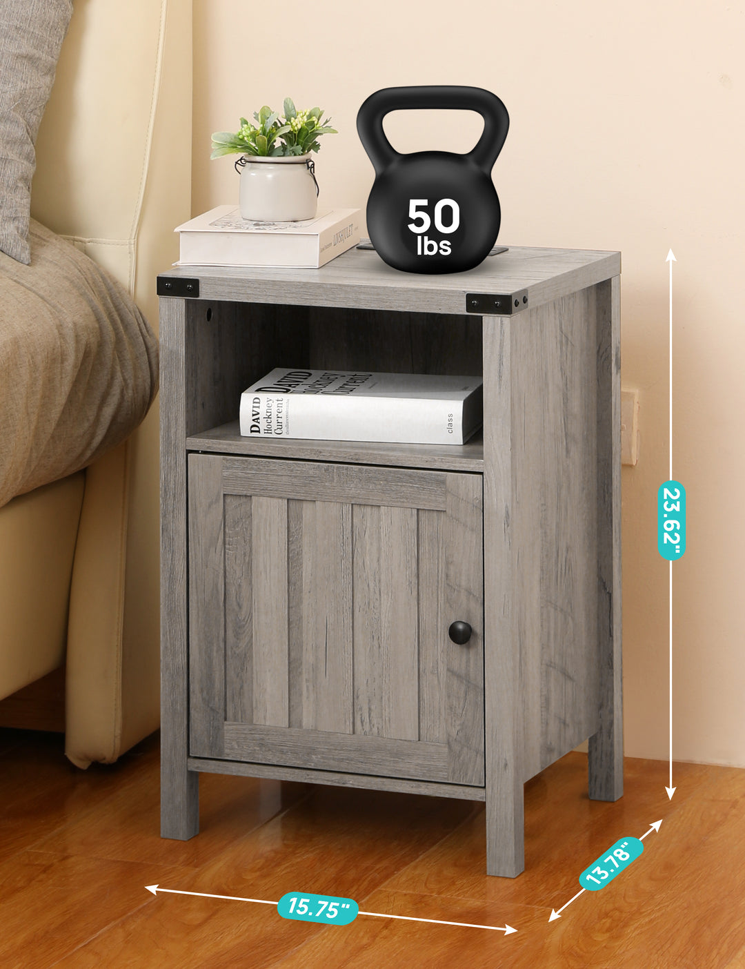 Nightstand with Charging Station, Side Table with RGB Light Strip, Modern End Table Beside Table with USB Ports and Outlets, Barn Door Cabinet, Open Shelf, Deep Storage for Bedroom, Living Room