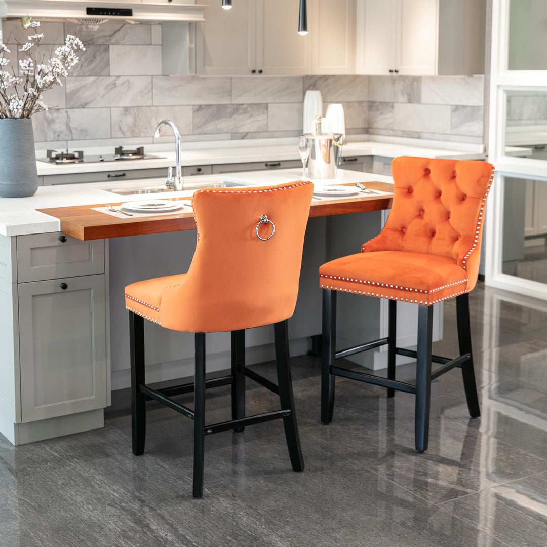 A&A Furniture,Contemporary Velvet Upholstered Barstools with Button Tufted Decoration and Wooden Legs, and Chrome Nailhead Trim, Leisure Style Bar Chairs,Bar stools, Set of 2 (Orange)