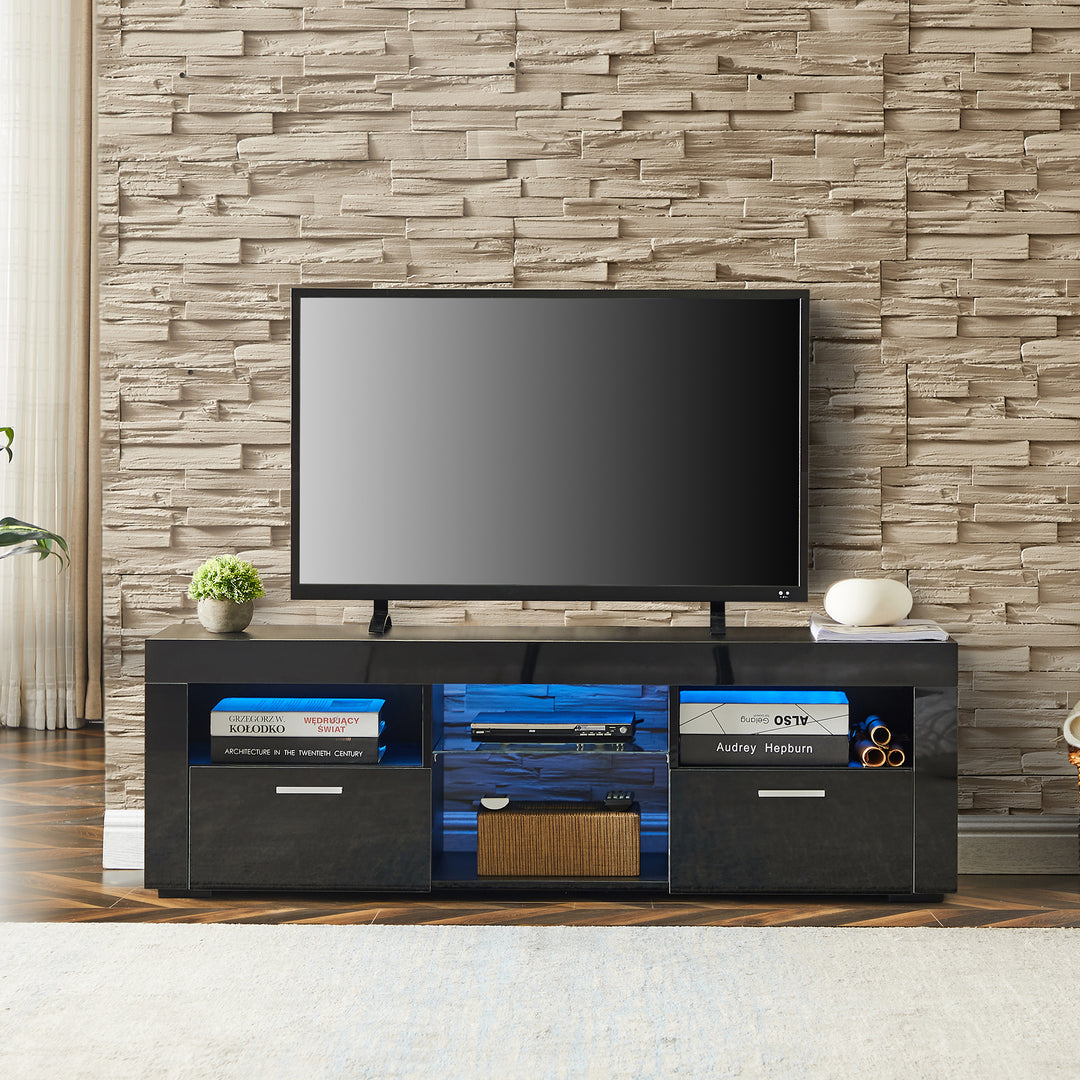 Black morden TV Stand with LED Lights,high glossy front TV Cabinet,can be assembled in Lounge Room, Living Room or Bedroom,color:Black