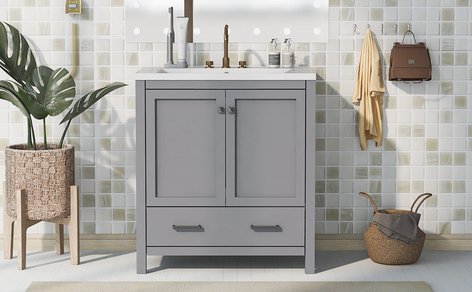 30" Grey Bathroom Vanity with Single Sink, Combo Cabinet Undermount Sink, Bathroom Storage Cabinet with 2 Doors and a Drawer, Soft Closing, Multifunctional Storage, Solid Wood Frame