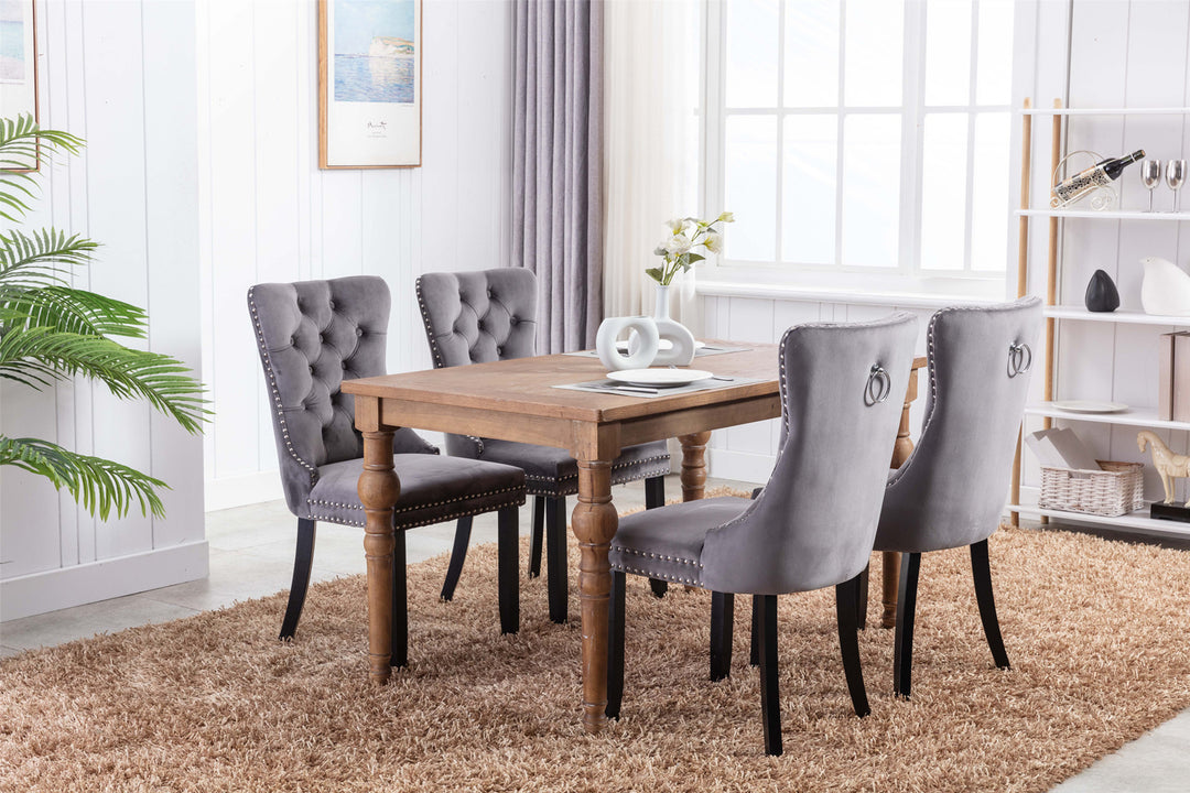 A&A Furniture,Nikki Collection Modern, High-end Tufted Solid Wood Contemporary Velvet Upholstered Dining Chair with Wood Legs Nailhead Trim  2-Pcs Set,Gray,SW1801GY