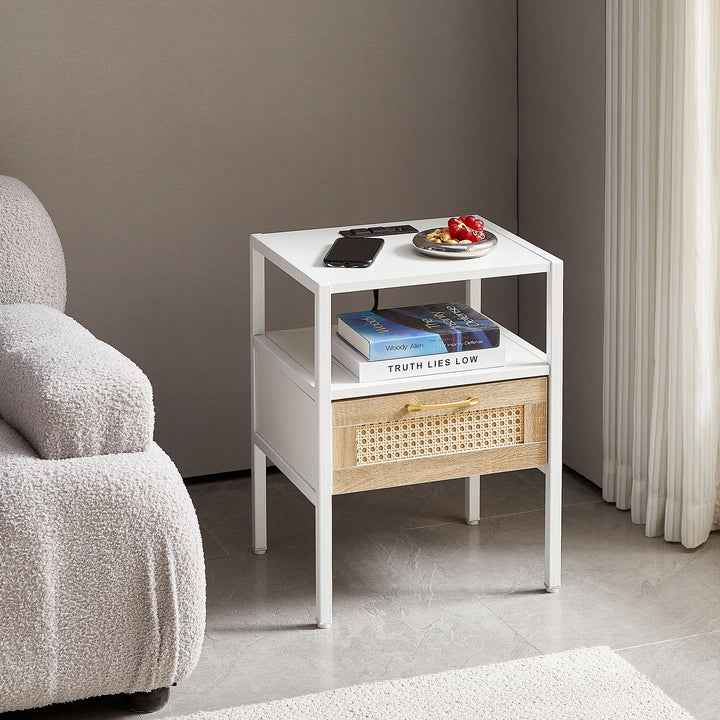 Set of 2, 15.75" Rattan End table with Power Outlet & USB Ports , Modern nightstand with drawer and metal legs, side table for living room, bedroom,white