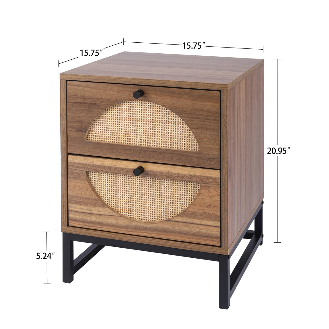 Natural rattan, 2 Drawer side table, Display Rack for Bedroom and Living Room, Nightstand Side Table Bedroom Storage Drawer Bedside End Table