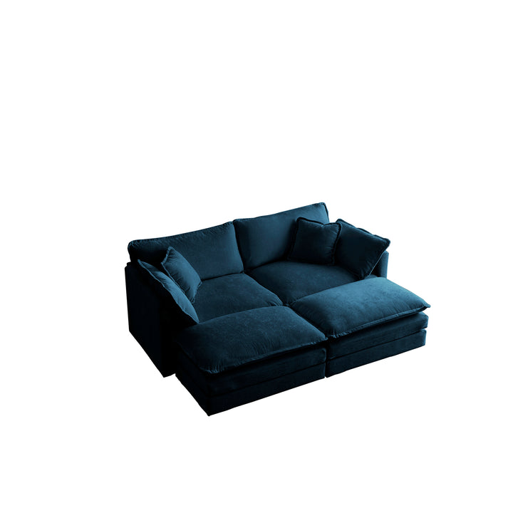 4 - Piece Upholstered Sectional Sofa, 1 - Piece of 2 Seater Sofa and 2- Piece of Ottomans , 2 Seater Loveseat Lounge with Ottomans , Blue Chenille