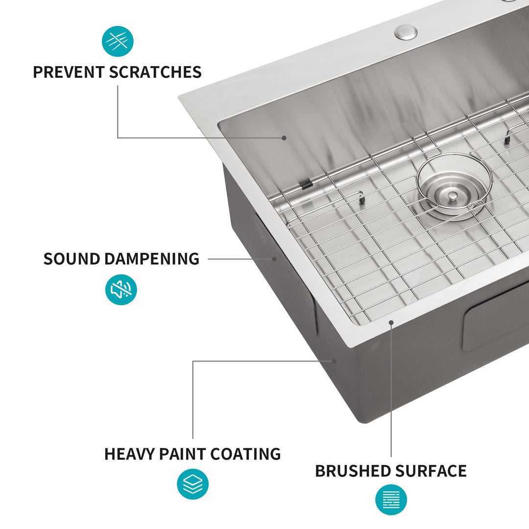 30x22 inch Kitchen Sink Drop In 16 Gauge Stainless Steel 30" Single Bowl Topmount Kitchen Sink Basin