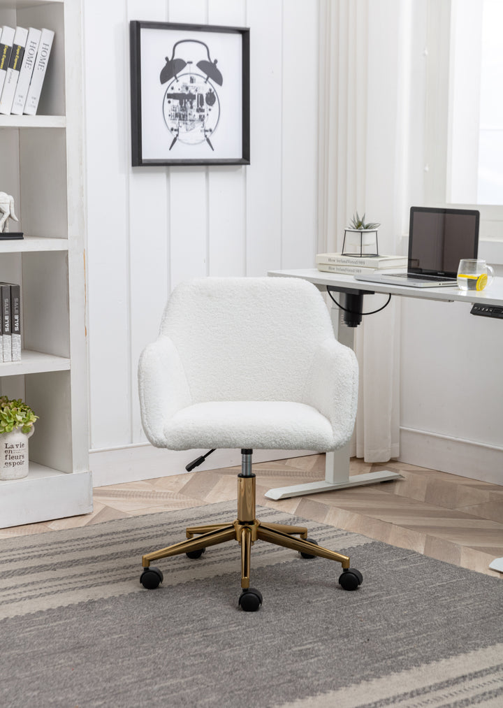 Modern Teddy Fabric Material Adjustable Height 360 Revolving Home Office Chair With Gold Metal Legs And Universal Wheel For Indoor,White