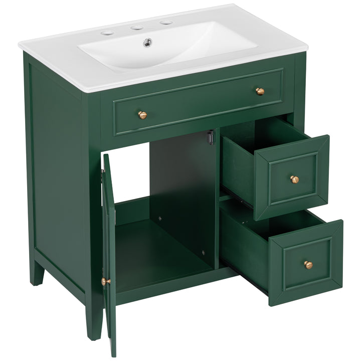 30" Bathroom Vanity with Sink Top, Bathroom Vanity Cabinet with Door and Two Drawers, Solid Wood Frame, One Package, Green