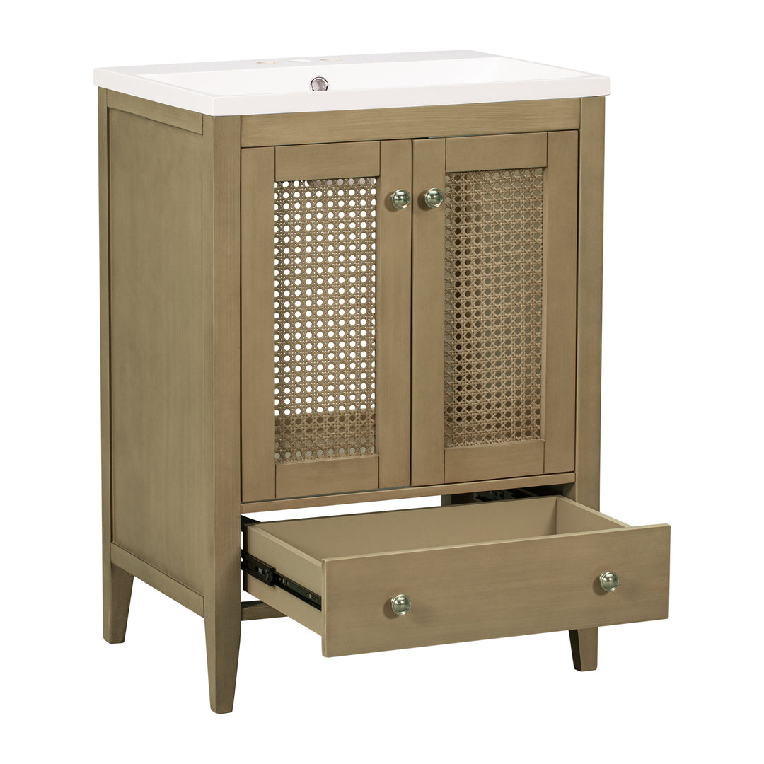 24" Bathroom Vanity with Ceramic Basin, Rattan Bathroom Storage Cabinet with Two Doors and Drawer, Solid Frame, Natural (OLD SKU: JL000008AAD)