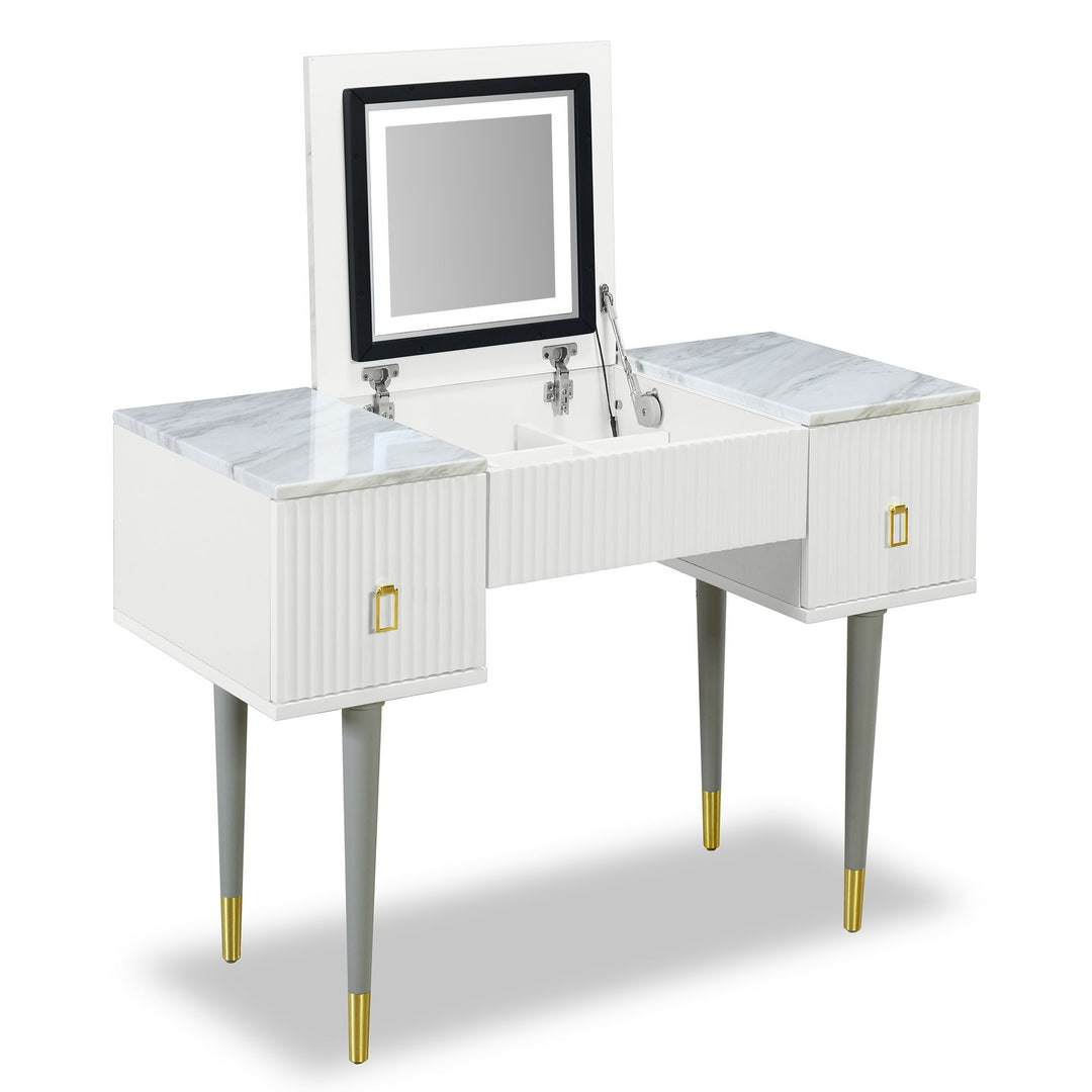 43.3" Modern Vanity Table Set with Flip-top Mirror and LED Light, Dressing Table with Customizable Storage, Marble-style Stickers Tabletop, White and Gray