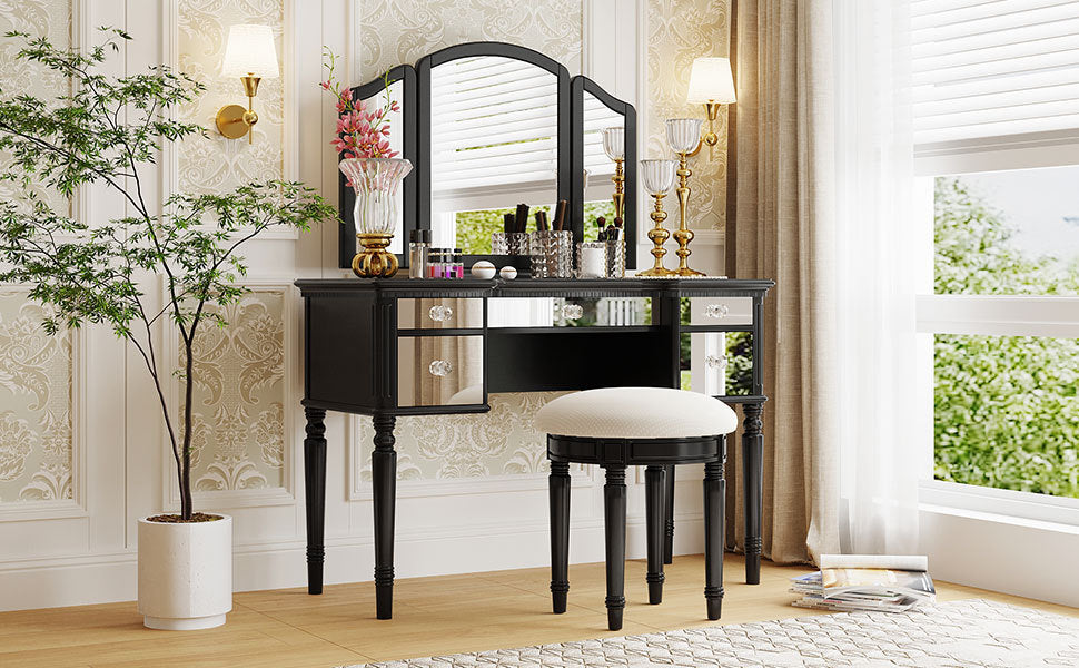 GO 43" Dressing Table Set with Mirrored Drawers and Stool, Tri-fold Mirror, Makeup Vanity Set for Bedroom, Black