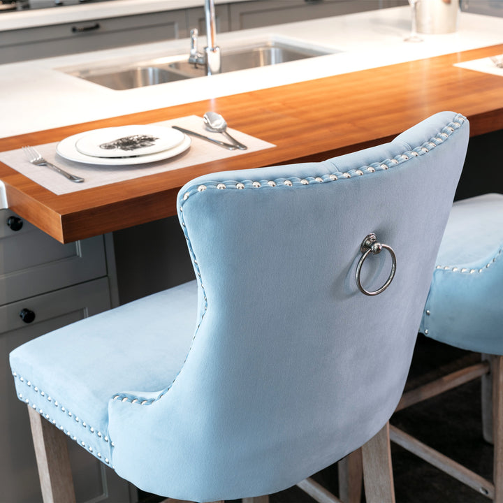 Contemporary Velvet Upholstered Barstools with Button Tufted Decoration and Wooden Legs, and Chrome Nailhead Trim, Leisure Style Bar Chairs,Bar stools, Set of 2 (Light Blue), 1902LB