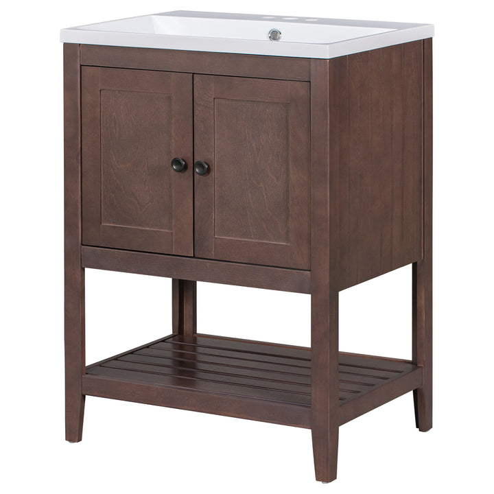 [VIDEO] 24" Brown Modern Sleek Bathroom Vanity Elegant Ceramic Sink with Solid Wood Frame Open Style Shelf (OLD SKU: JL000004AAD)