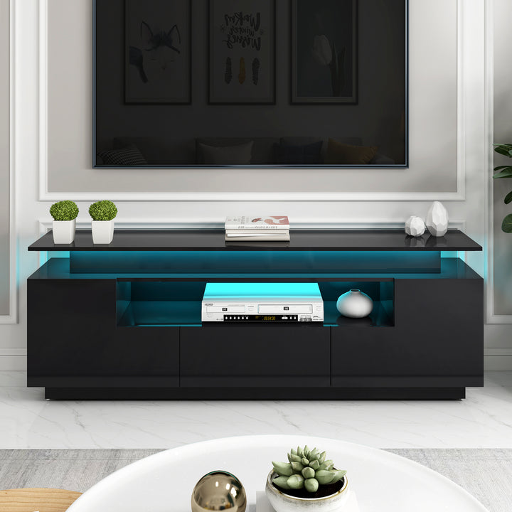 ON-TREND Modern, Stylish Functional TV stand with Color Changing LED Lights, Universal Entertainment Center, High Gloss TV Cabinet for 75+ inch TV, Black