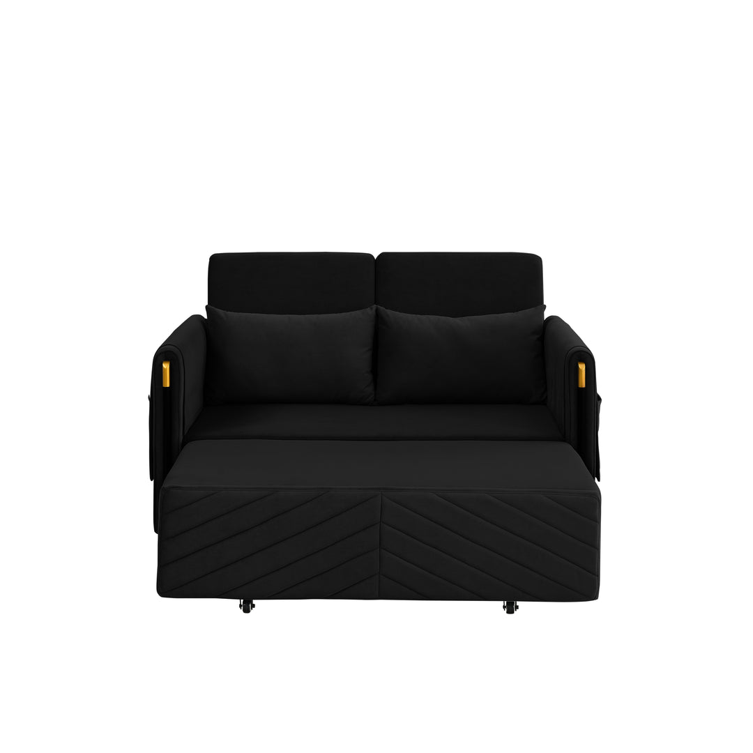 MH 54" Modern Convertible Sofa Bed with 2 Detachable Arm Pockets, Velvet Loveseat Sofa with Pull Out Bed, 2 Pillows and Living Room Adjustable Backrest, Grid Design Armrests, Black