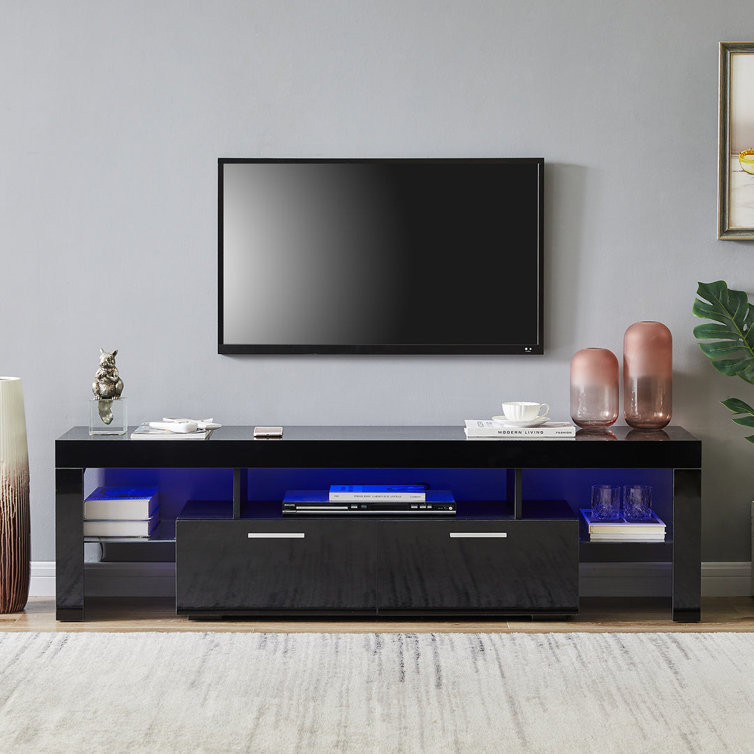 FashionTVstandTVcabinet,EntertainmentCenter,TVstationTV console,media console,with LEDlight belt,light belt remote control,toughenedglassshelf,metal handle,Canbeplaced in the living room,bedroom,black