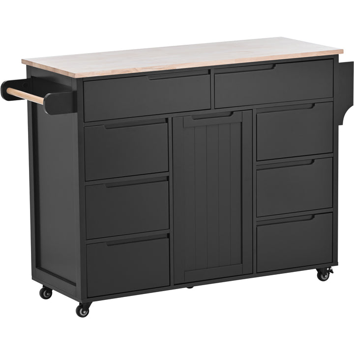 K&K Store Kitchen Cart with Rubber Wood Countertop , Kitchen Island has 8 Handle-Free Drawers Including a Flatware Organizer and 5 Wheels for Kitchen Dinning Room, Black