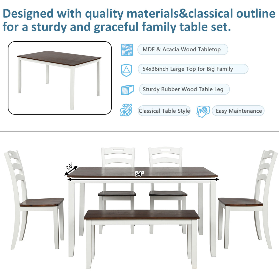 TOPMAX 6 Piece Dining Table Set with Bench, Table Set with Waterproof Coat, Ivory and Cherry