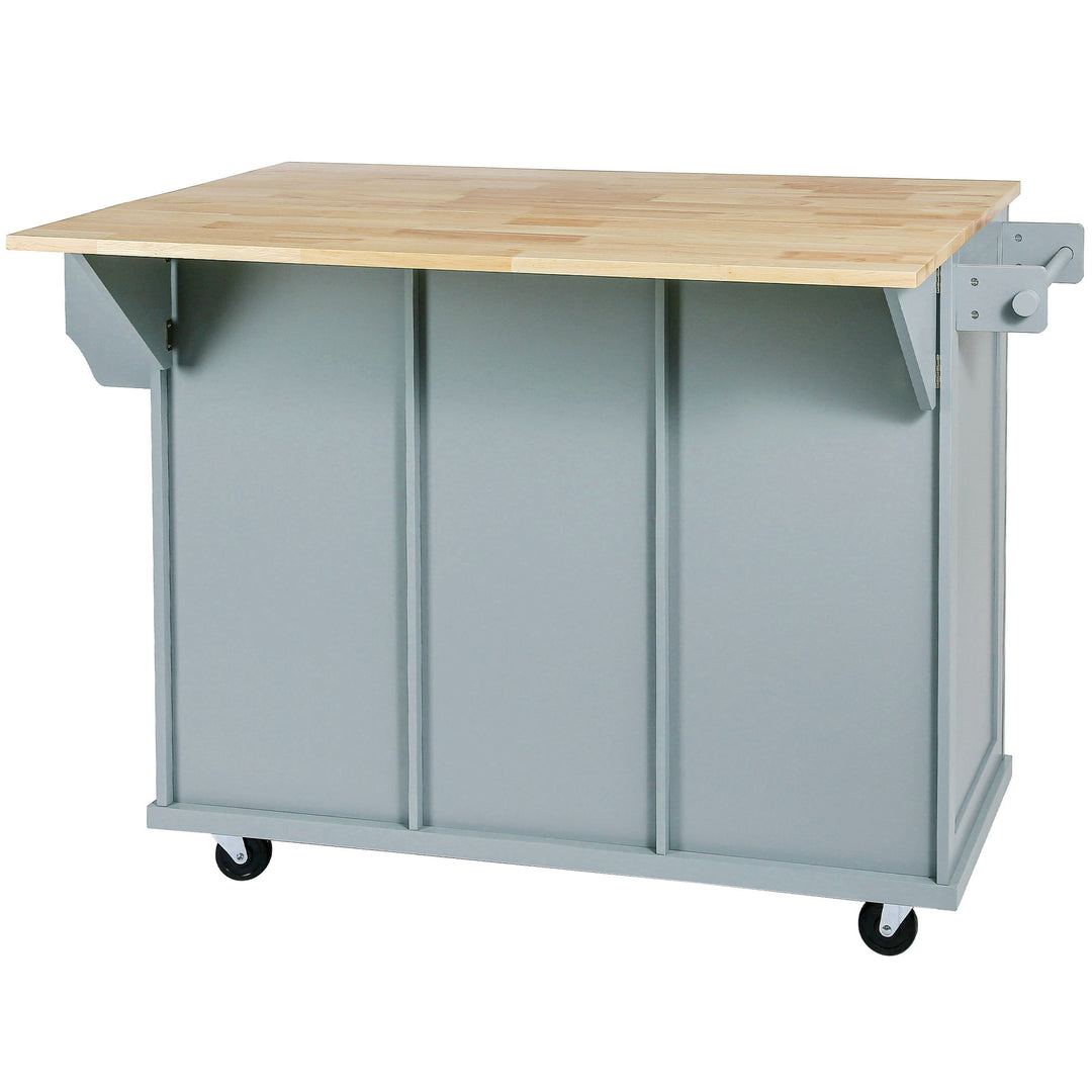 Kitchen Cart with Rubber wood Drop-Leaf Countertop ,Cabinet door internal storage racks,Kitchen Island on 5 Wheels with Storage Cabinet and 3 Drawers for Dinning Room, Grey Blue