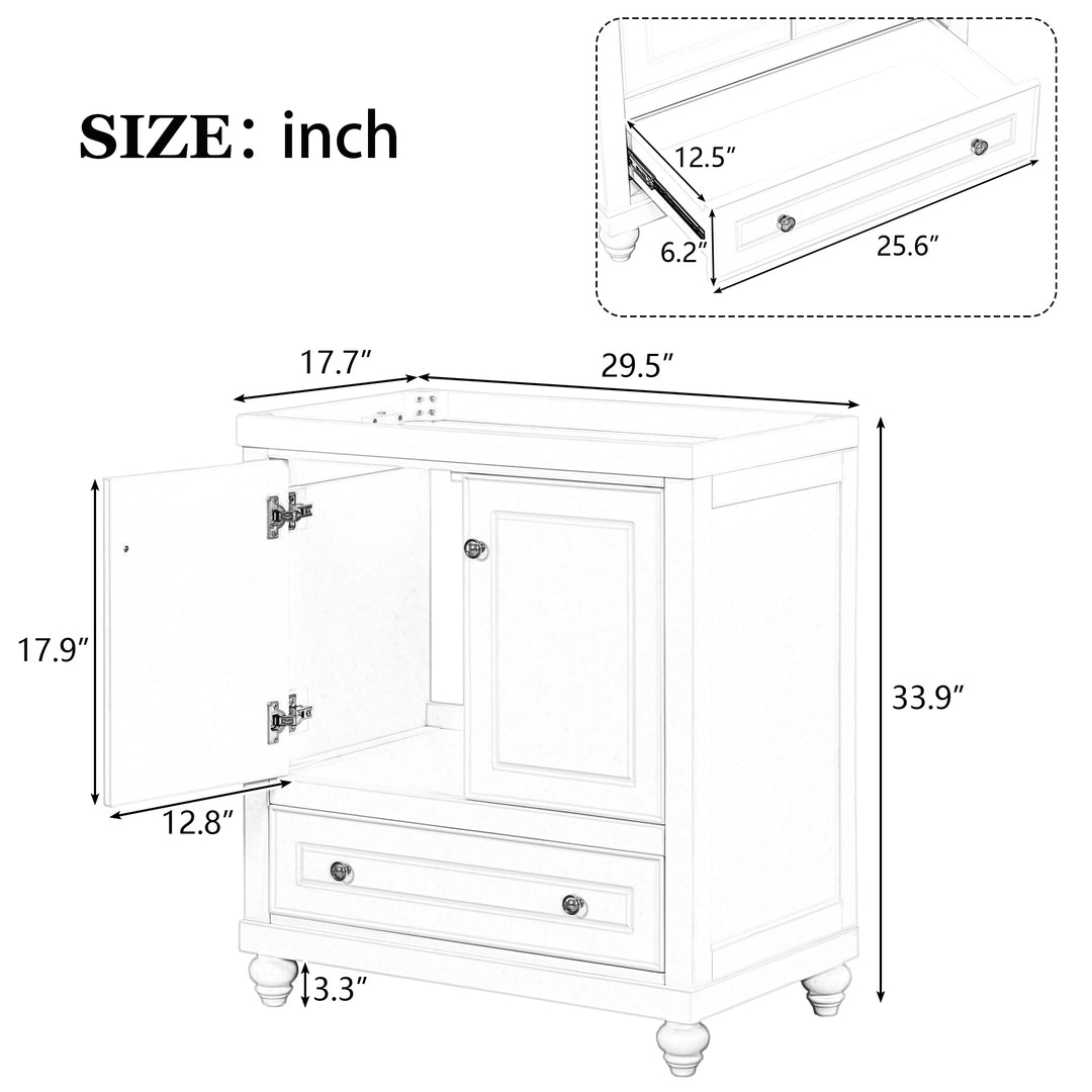 30" Bathroom Vanity without Sink, Base Only, Cabinet with Doors and Drawer, Solid Frame and MDF Board, White