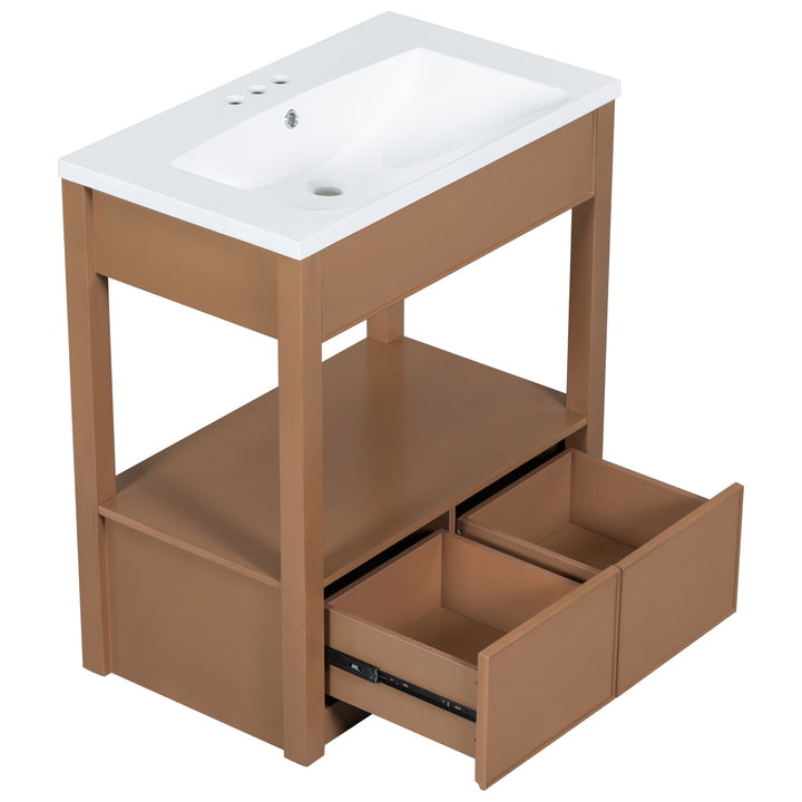 30" Bathroom Vanity with Sink Top, Bathroom Cabinet with Open Storage Shelf and Two Drawers, Brown