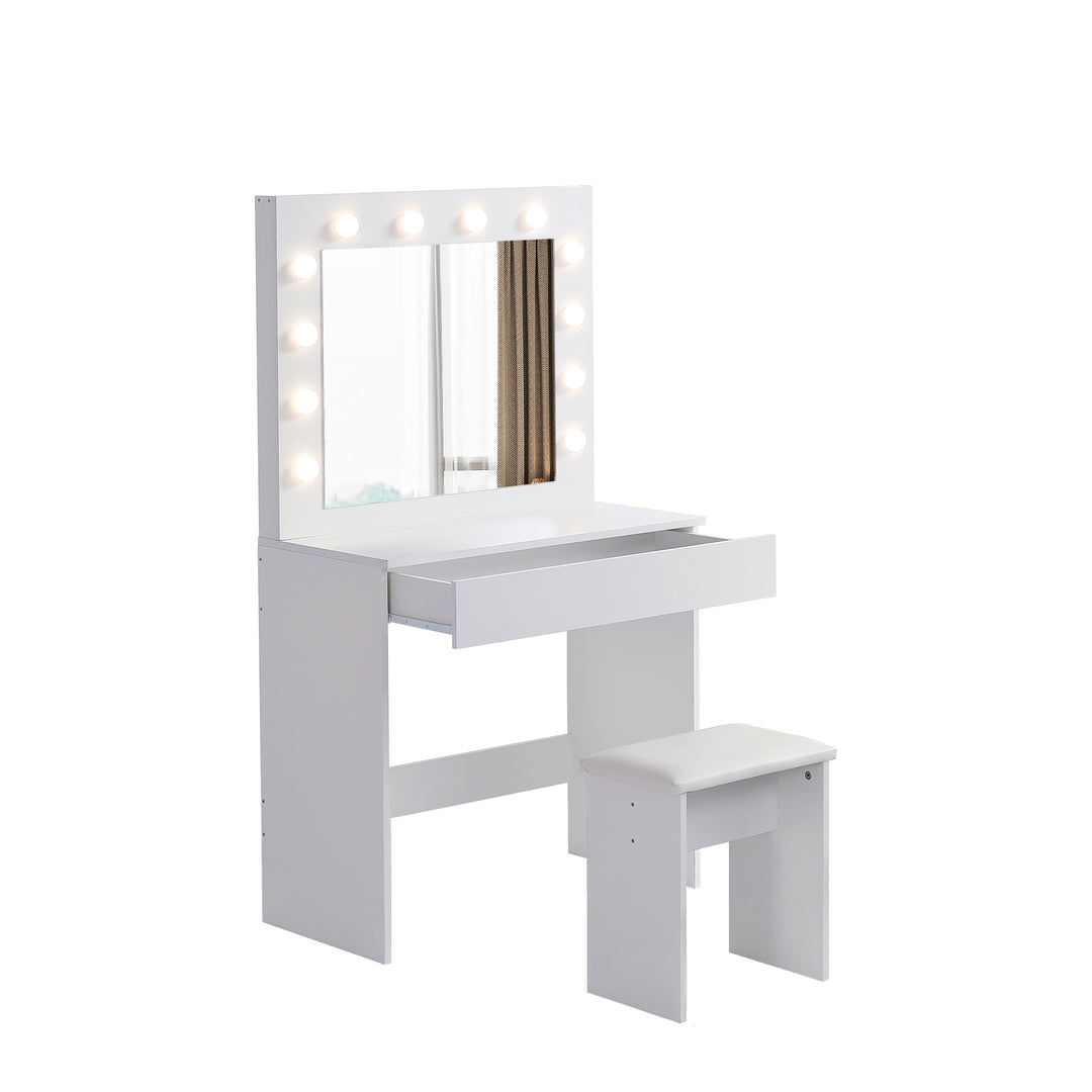 Vanity table with large lighted mirror, makeup vanity dressing table with drawer, 1pc upholstered stool ,12 light bulbs and adjustable brightness, white color