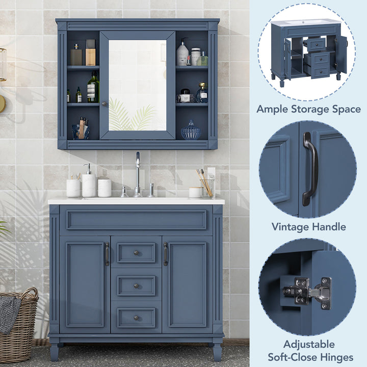 36'' Bathroom Vanity with Top Sink, Royal Blue Mirror Cabinet, Modern Bathroom Storage Cabinet with 2 Soft Closing Doors and 2 Drawers, Single Sink Bathroom Vanity