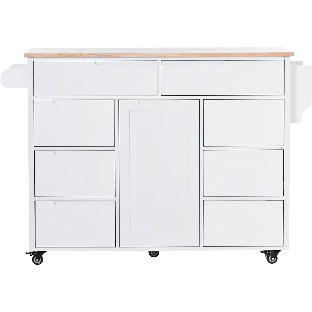 K&K Store Kitchen Cart with Rubber Wood Countertop , Kitchen Island has 8 Handle-Free Drawers Including a Flatware Organizer and 5 Wheels for Kitchen Dinning Room, White