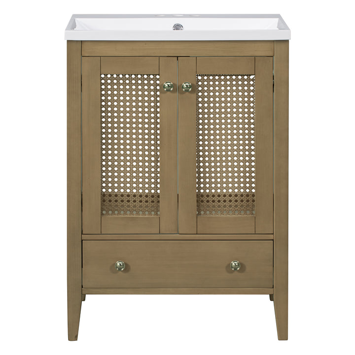 24" Bathroom Vanity with Ceramic Basin, Rattan Bathroom Storage Cabinet with Two Doors and Drawer, Solid Frame, Natural (OLD SKU: JL000008AAD)