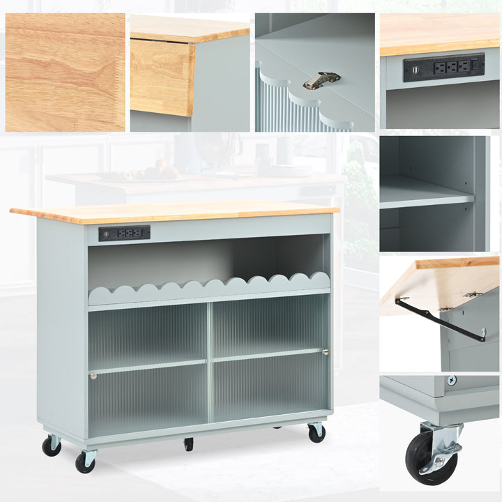 Kitchen Island with Drop Leaf, LED Light Kitchen Cart on Wheels with Power Outlets, 2 Sliding Fluted Glass Doors, Large Kitchen Island Cart with 2 Cabinet and 1 open Shelf (Grey Blue)