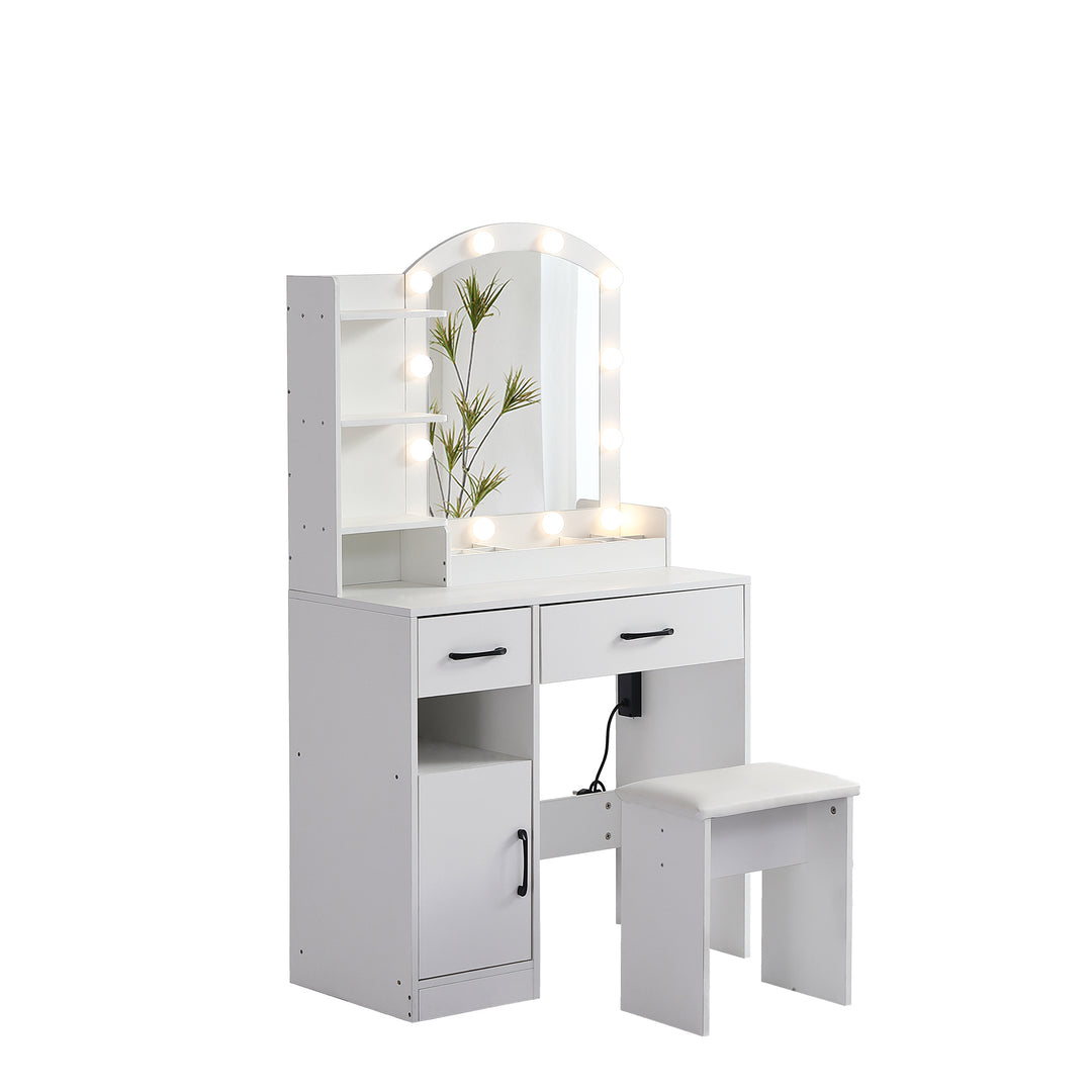 Vanity desk set including table with large lighted mirror,3 color lighting modes adjustable brightness, dressing table with 2 drawers, storage cabinet and upholstered stool, white color