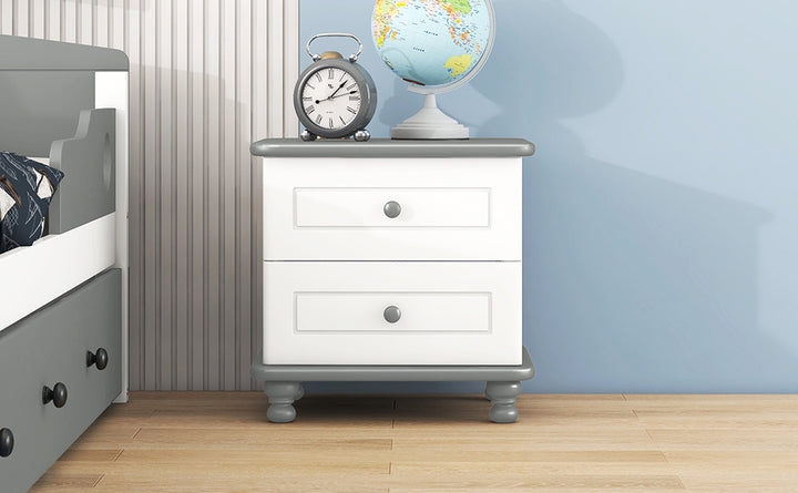 Wooden Nightstand with Two Drawers for Kids,End Table for Bedroom,White+Gray