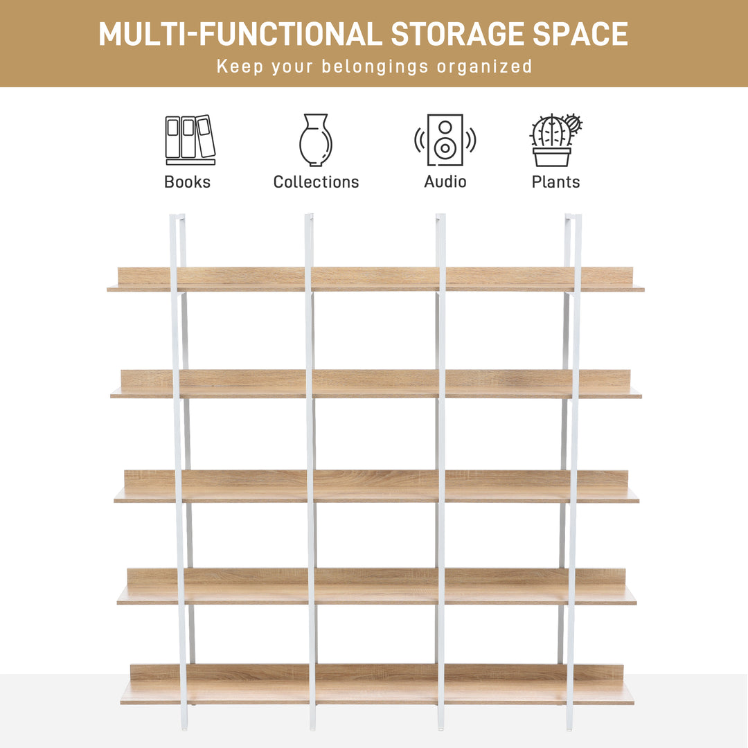 5 Tier Bookcase Home Office Open Bookshelf, Vintage Industrial Style Shelf, MDF Board, White Metal Frame, Oak