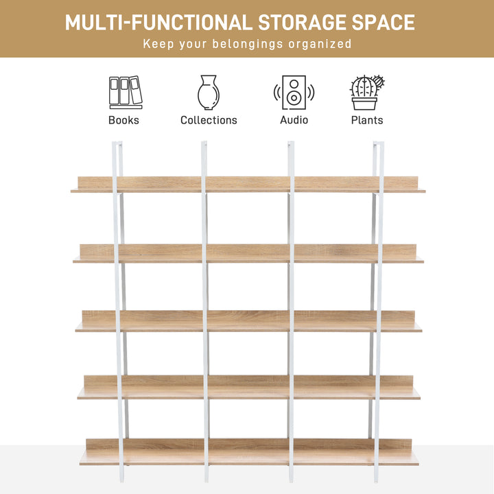 5 Tier Bookcase Home Office Open Bookshelf, Vintage Industrial Style Shelf, MDF Board, White Metal Frame, Oak