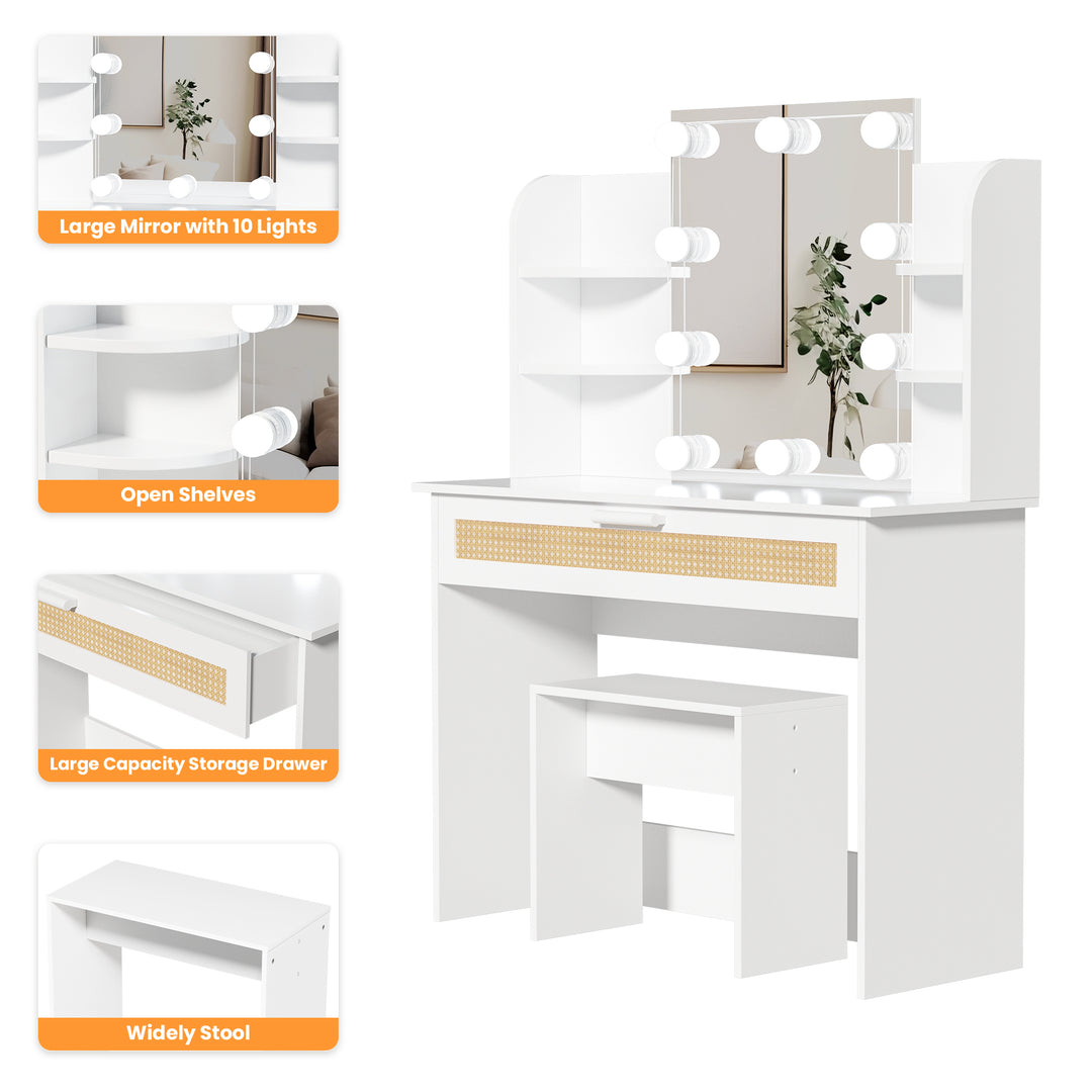 Vanity Desk Set Stool & Dressing Table with LED Lighting Mirror Drawer and Compartments Modern Wood Cosmetic Table Chest of Drawers White Color