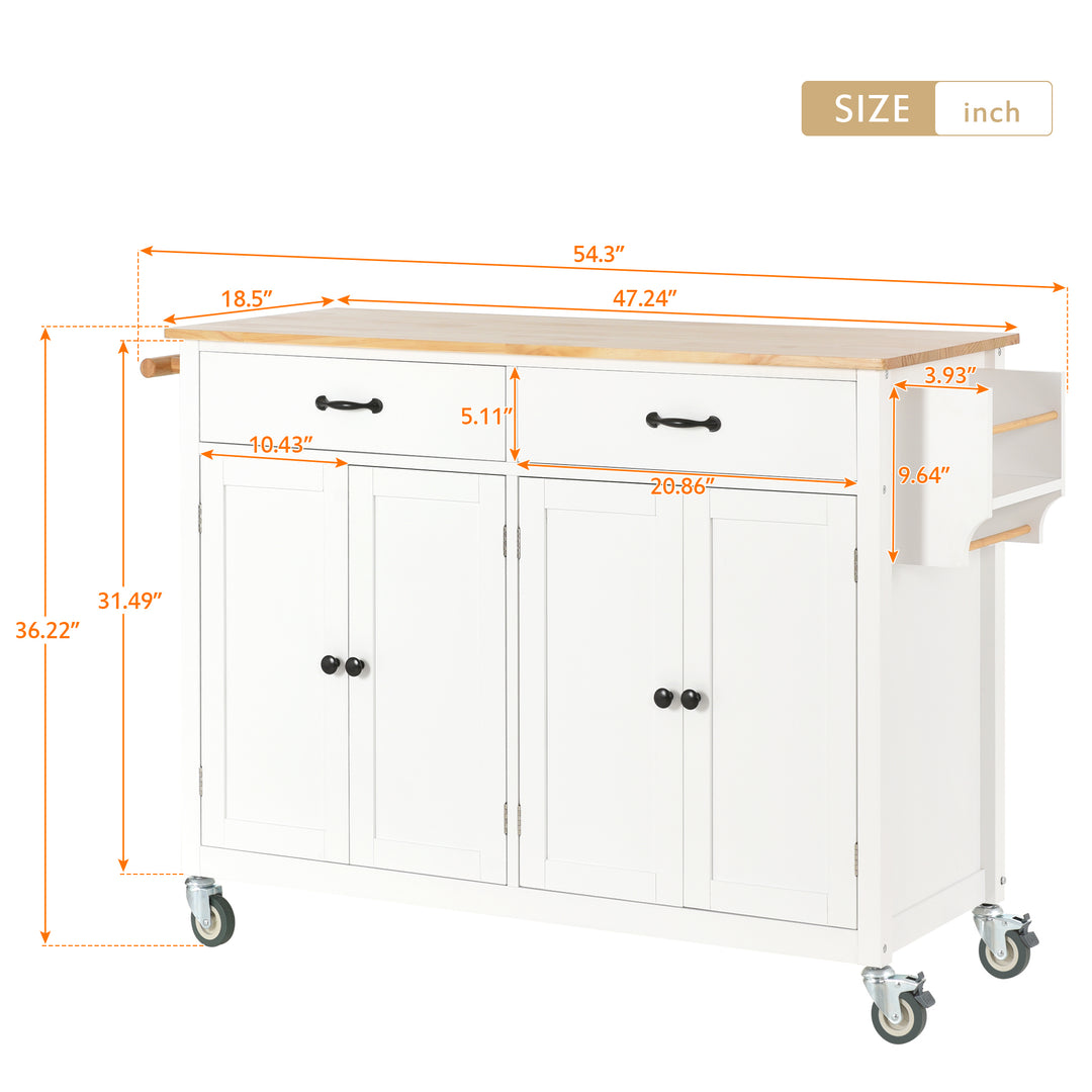 Kitchen Island Cart with Solid Wood Top and Locking Wheels,54.3 Inch Width,4 Door Cabinet and Two Drawers,Spice Rack, Towel Rack (White)