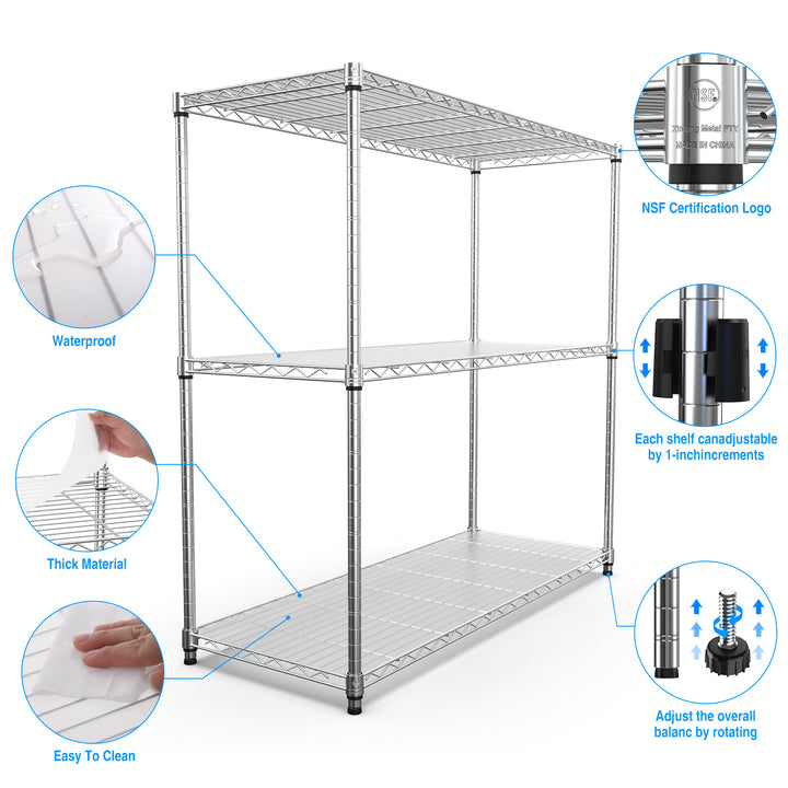 3 Tier Wire Shelving Unit, 1050 LBS NSF Height Adjustable Metal Garage Storage Shelves, Heavy Duty Storage Wire Rack Metal Shelves - Chrome