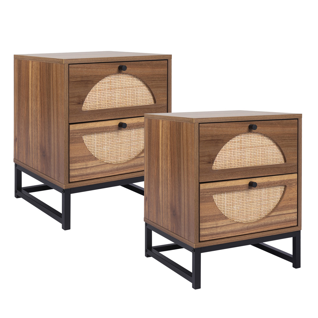 Rattan Nightstand Set of 2, Walnut End Table with 2 Natural Rattan Drawer & Metal Legs