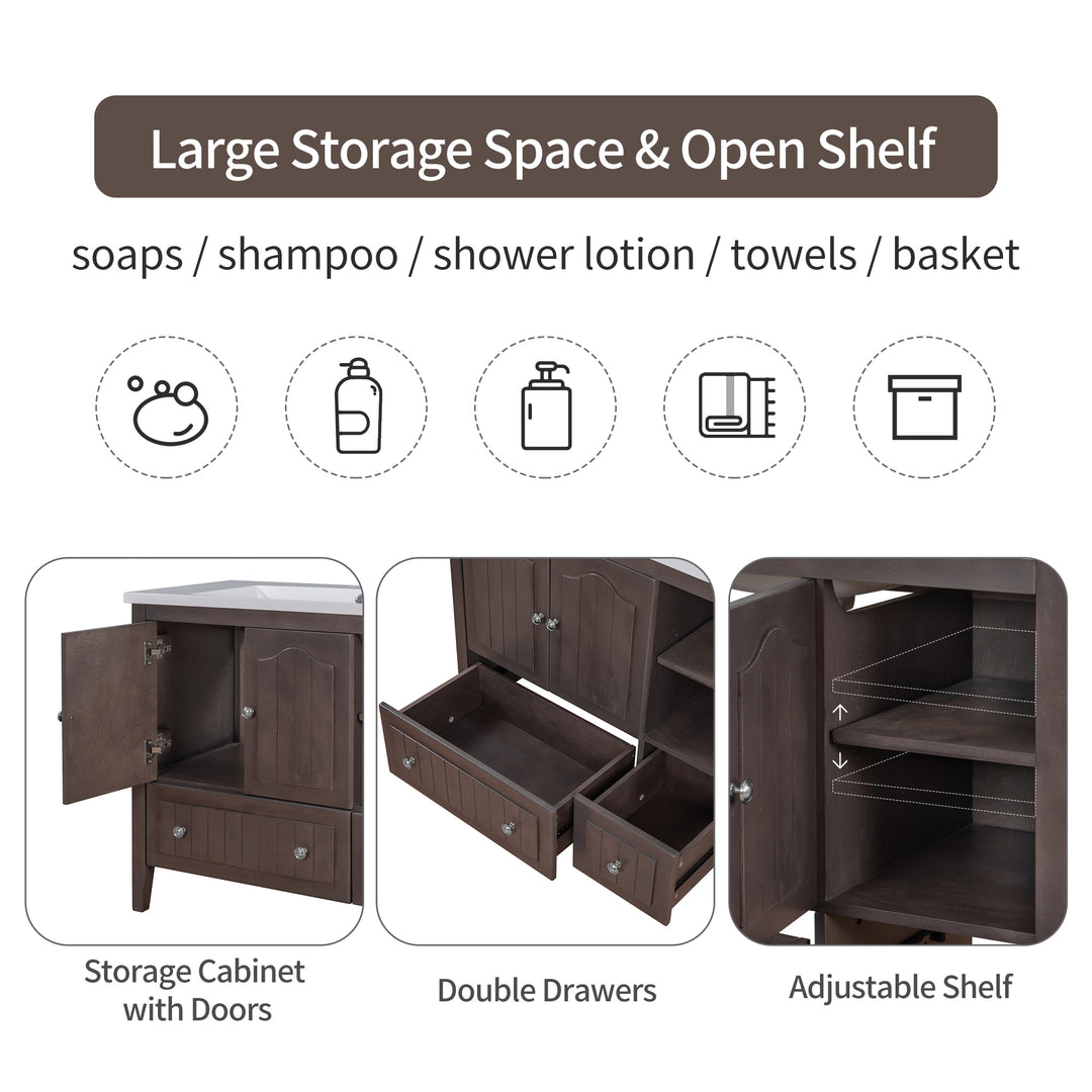 [VIDEO] 36" Bathroom Vanity with Ceramic Basin, Bathroom Storage Cabinet with Two Doors and Drawers, Solid Frame, Metal Handles, Brown (OLD SKU: JL000003AAD)