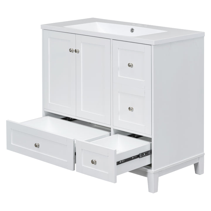 36 Inch Modern Bathroom Vanity with USB Charging, Two Doors and Three Drawers Bathroom Storage Vanity Cabinet, Small Bathroom Vanity cabinet with single sink , White & Gray Blue - Faucets Not Included