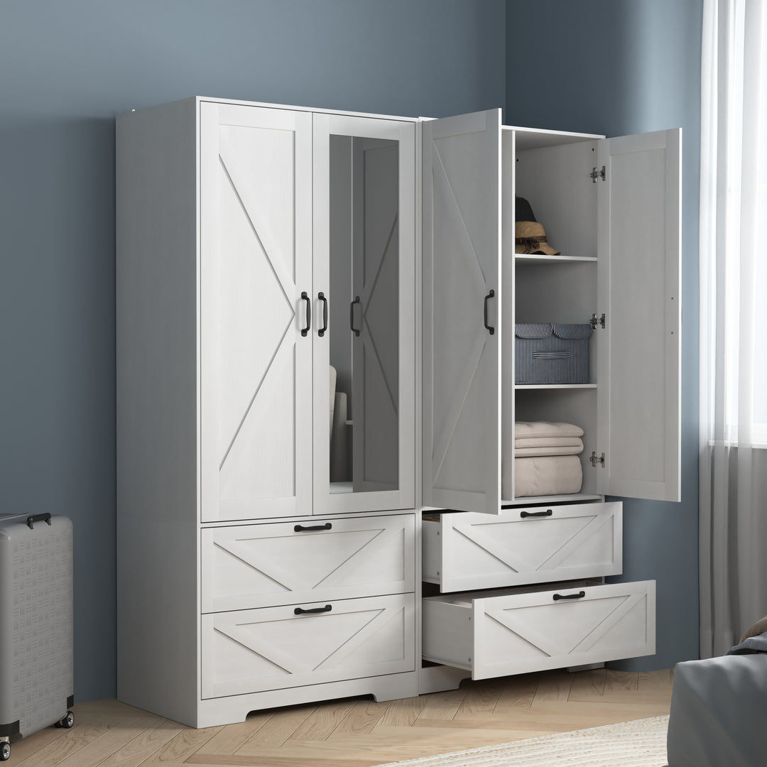 2 Door Wood Wardrobe for Bedroom with Hanging Clothing Rod inside the Cabinet and 2 Drawers for Storage Organization, Built-in induction light Multifunctional Closet with Mirror, White