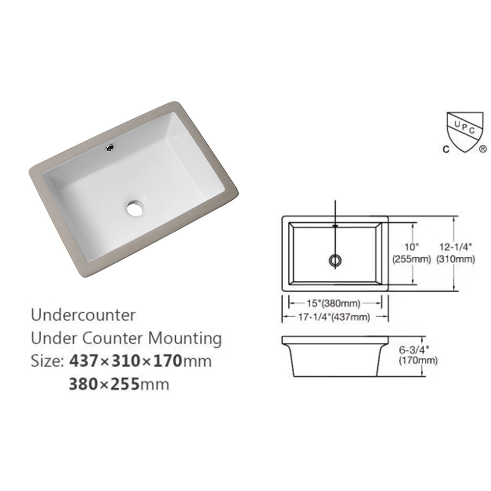 18"x12" White Ceramic Rectangular Undermount Bathroom Sink with Overflow