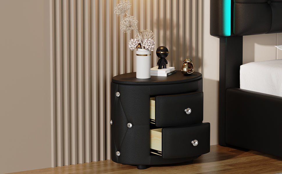 Elegant PU Nightstand with 2 Drawers and Crystal Handle,Fully Assembled Except Legs&Handles,Storage Bedside Table - Black