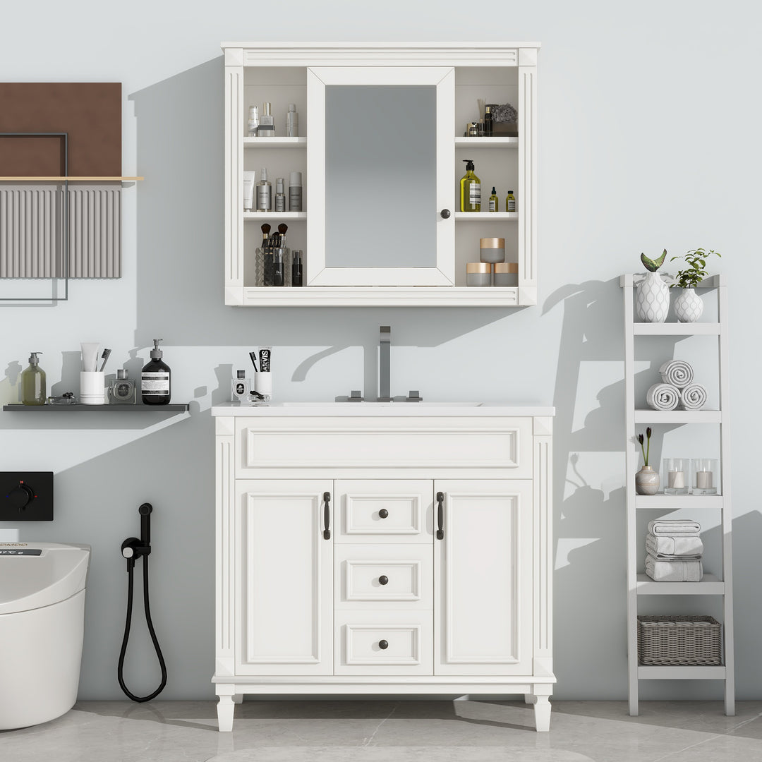 36'' Bathroom Vanity with Top Sink, White Mirror Cabinet, Modern Bathroom Storage Cabinet with 2 Soft Closing Doors and 2 Drawers, Single Sink Bathroom Vanity