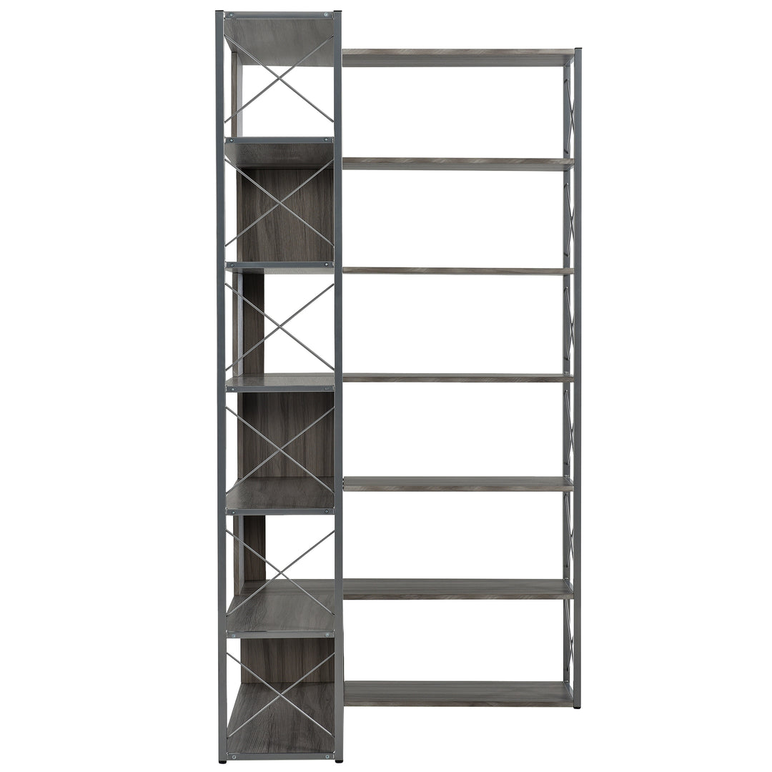 Silver+Grey 7-Tier Bookcase Home Office Bookshelf,  L-Shaped Corner Bookcase with Metal Frame, Industrial Style Shelf with Open Storage, MDF Board