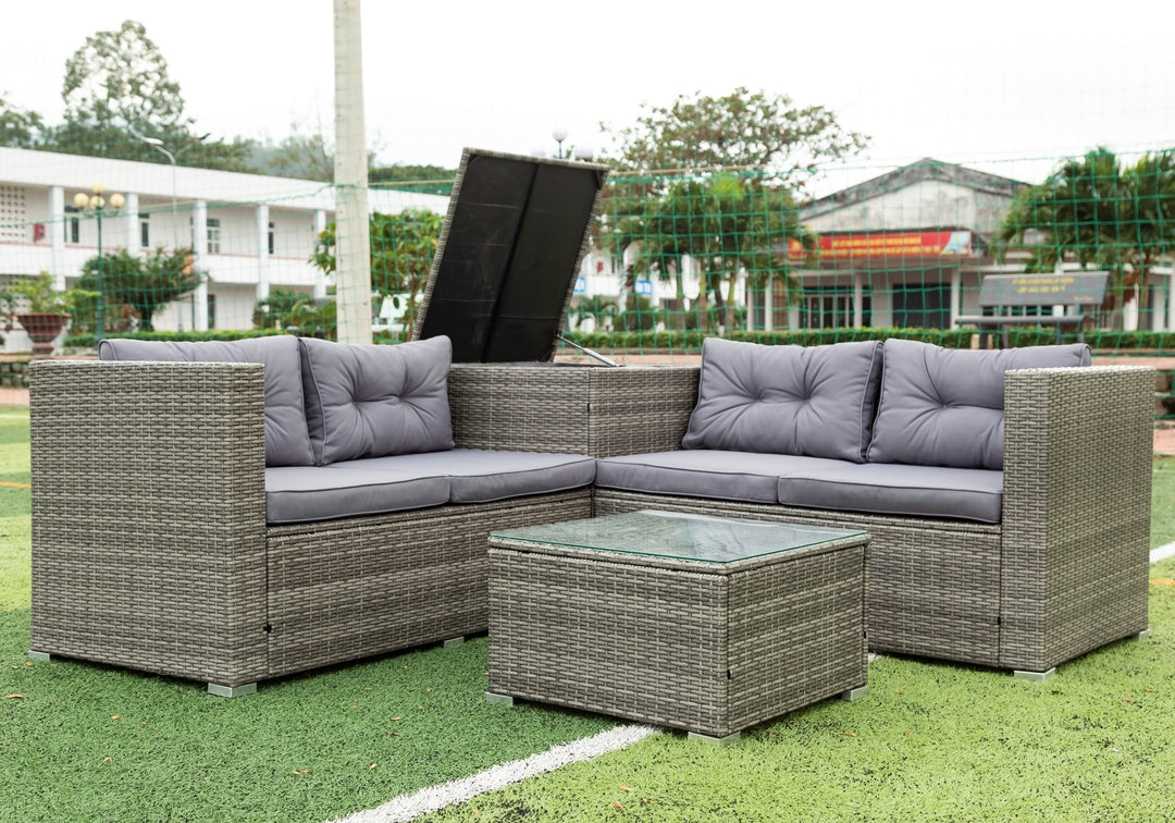 4 Piece Patio Sectional Wicker Rattan Outdoor Furniture Sofa Set with Storage Box Grey