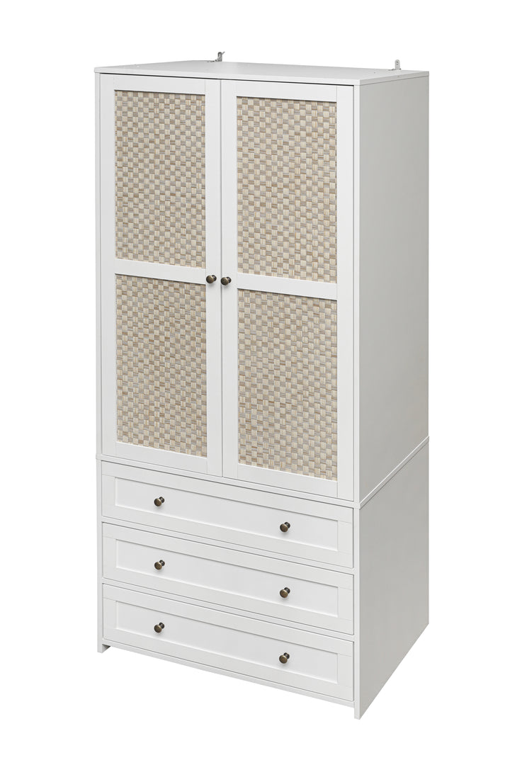 2-Door Wardrobe with 3 Drawers High Wardrobe  Armoire With 2 Rattan Door For Living Room, Bedroom Organizer