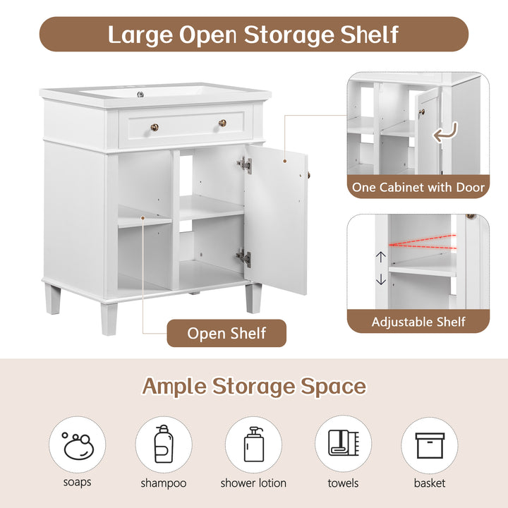30" Bathroom Vanity without Sink, Bathroom Cabinet Base Only, Solid Wood and MDF Boards, White