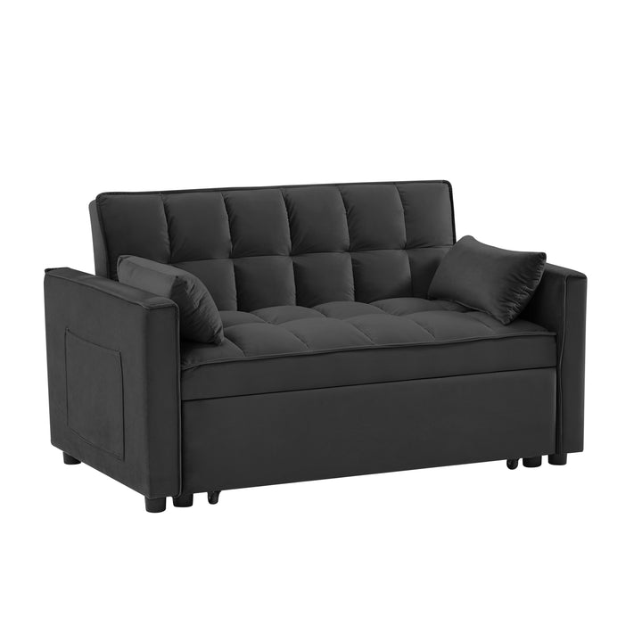 Modern Velvet Loveseat Futon Sofa Couch w/Pullout Bed,Small Love Seat Lounge Sofa w/Reclining Backrest,Toss Pillows, Pockets,Furniture for Living Room,3 in 1 Convertible Sleeper Sofa Bed, Black